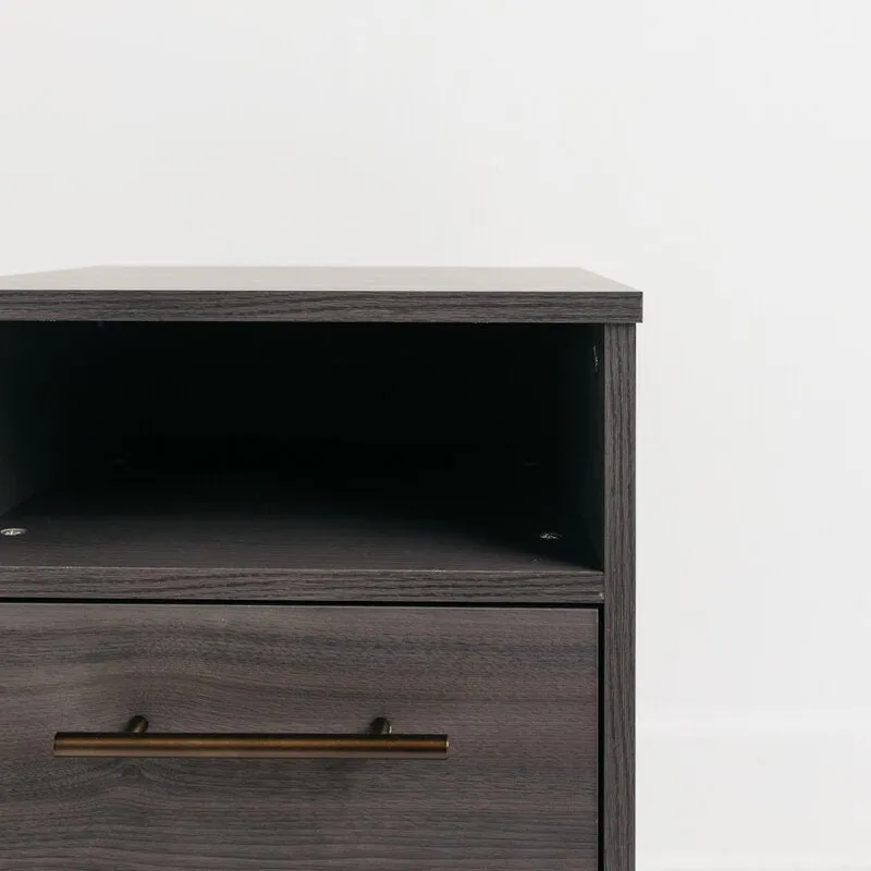 1 - Drawer Nightstand in Warm Gray Creates A Modern Sense of Harmony in your Room Goldtone Handles Add An Authentically Modern Touch