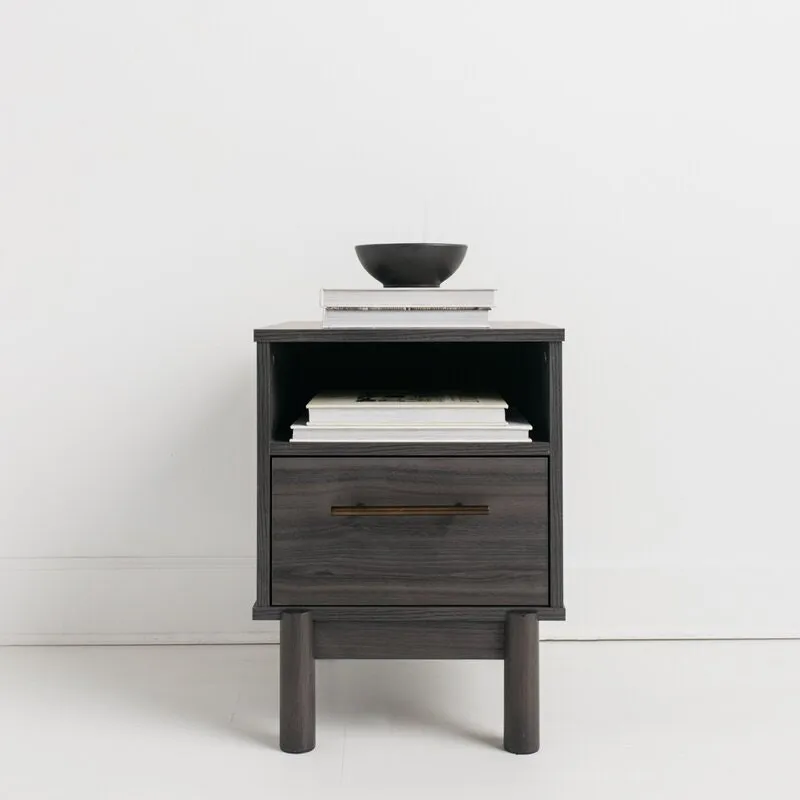 1 - Drawer Nightstand in Warm Gray Creates A Modern Sense of Harmony in your Room Goldtone Handles Add An Authentically Modern Touch