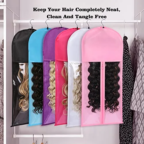 10 PCS Hair Extension Storage Hair Extension Holder Wig Storage Bags Wig Storage for Multiple Wigs Bags Storage with Hanger Wig Organizer for Multiple Wigs Waterproof and Portable (PINK)