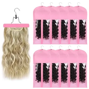 10 PCS Hair Extension Storage Hair Extension Holder Wig Storage Bags Wig Storage for Multiple Wigs Bags Storage with Hanger Wig Organizer for Multiple Wigs Waterproof and Portable (PINK)