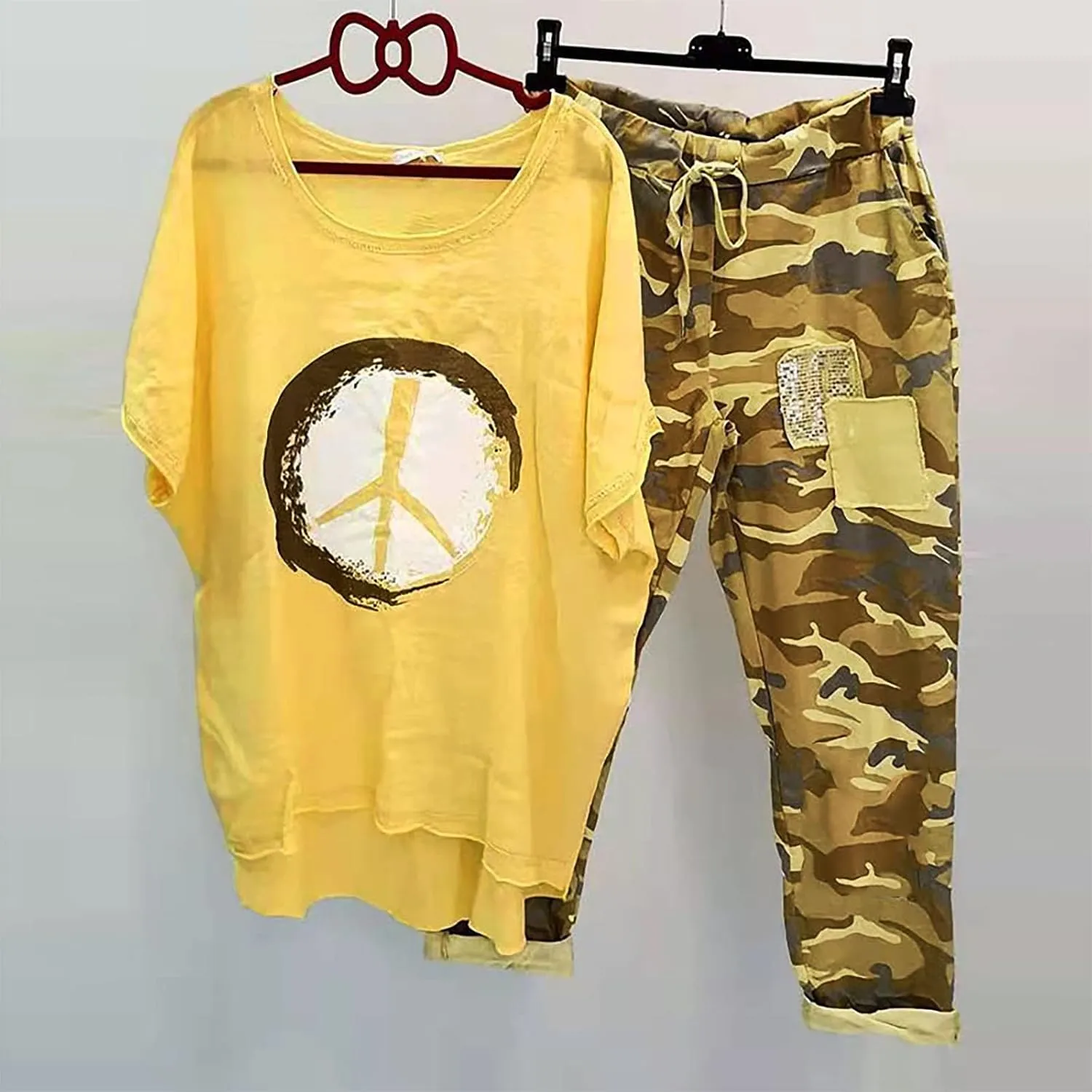 2 Piece Linen Set for Women Summer Outfits Plus Size Short Sleeve Graphic Tees Camo Pants Lounge Matching Sets