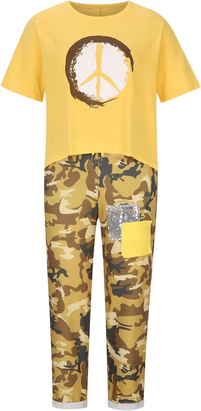 2 Piece Linen Set for Women Summer Outfits Plus Size Short Sleeve Graphic Tees Camo Pants Lounge Matching Sets
