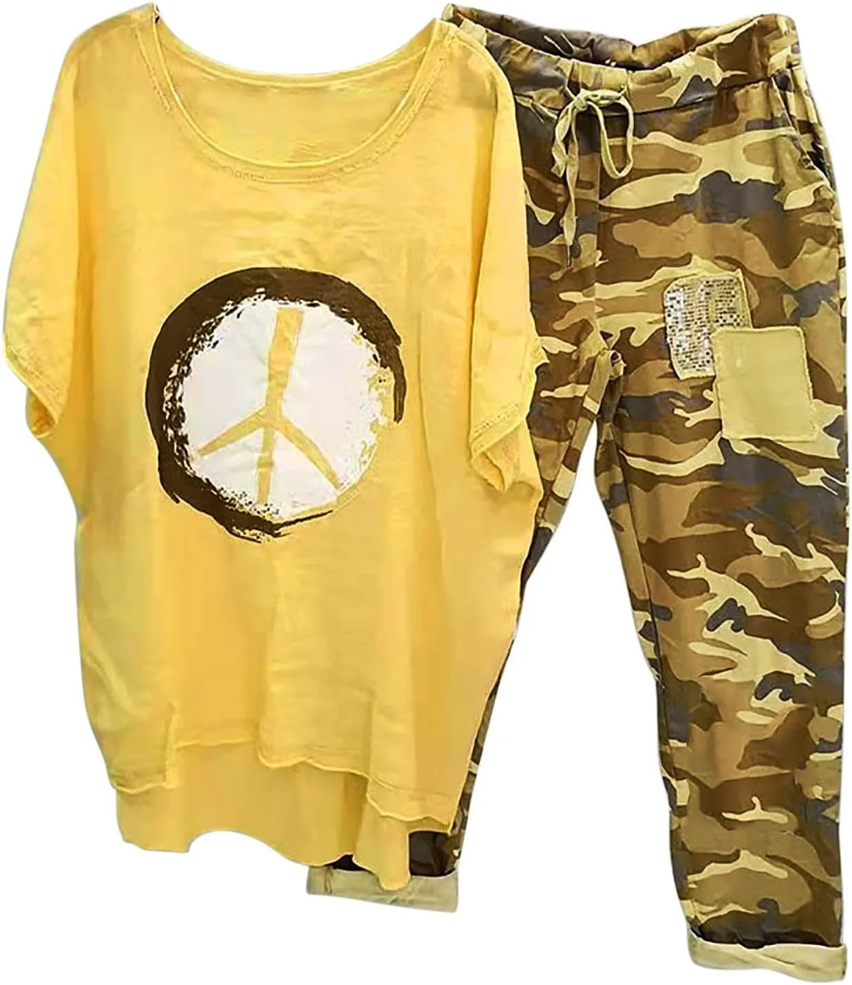 2 Piece Linen Set for Women Summer Outfits Plus Size Short Sleeve Graphic Tees Camo Pants Lounge Matching Sets