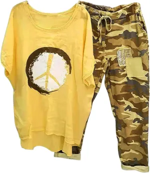 2 Piece Linen Set for Women Summer Outfits Plus Size Short Sleeve Graphic Tees Camo Pants Lounge Matching Sets
