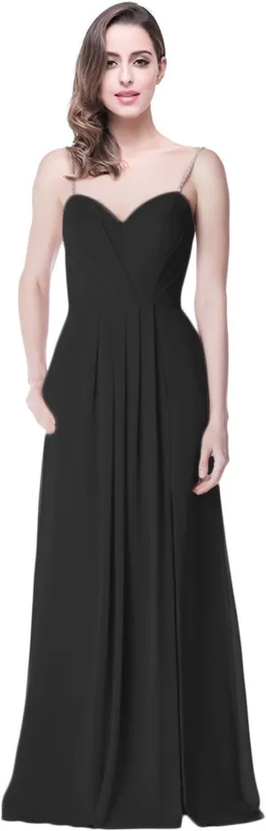 2018 A Line Spaghetti Strap Chiffon Bridesmaid Dress Split with Pocket Formal Gown