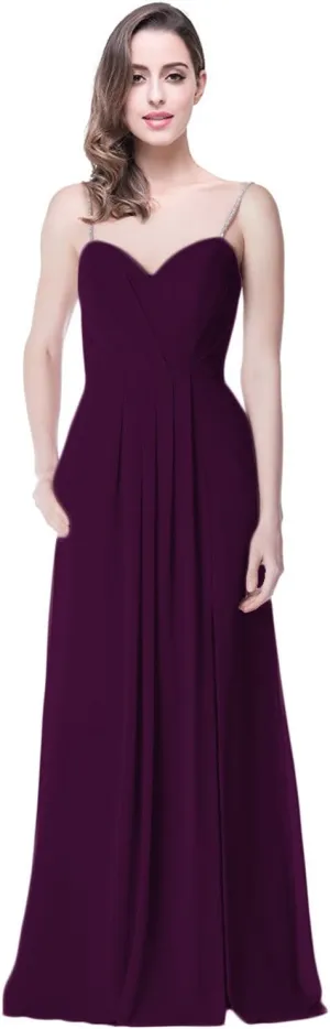 2018 A Line Spaghetti Strap Chiffon Bridesmaid Dress Split with Pocket Formal Gown