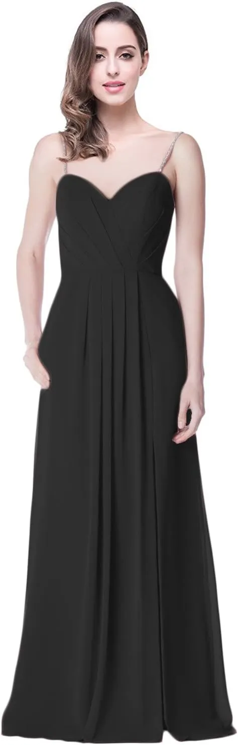 2018 A Line Spaghetti Strap Chiffon Bridesmaid Dress Split with Pocket Formal Gown