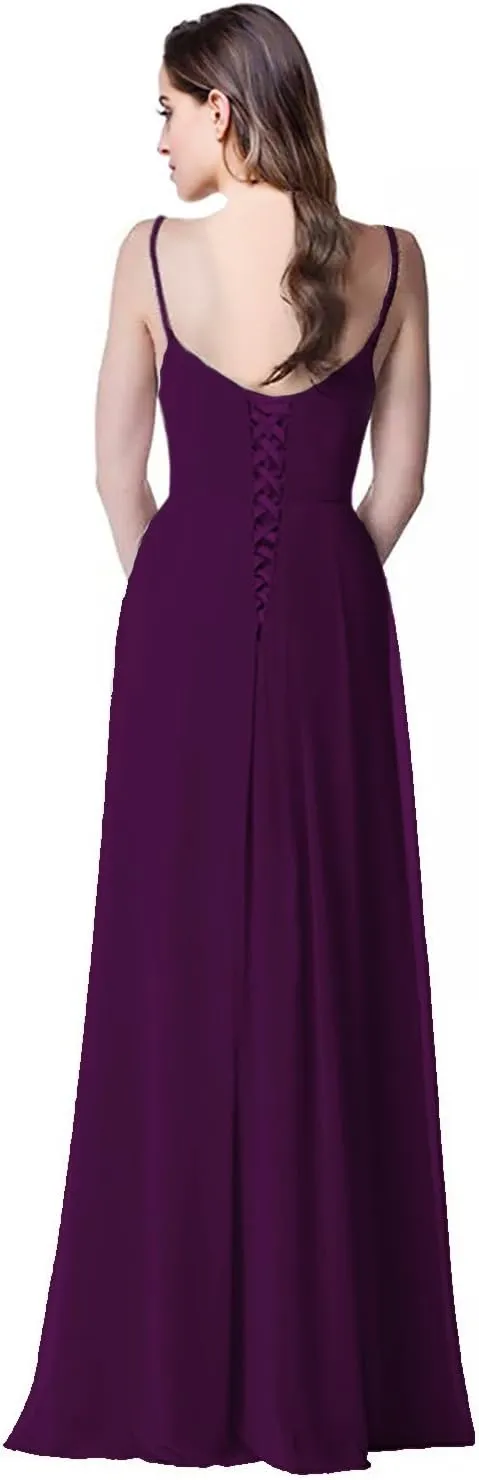 2018 A Line Spaghetti Strap Chiffon Bridesmaid Dress Split with Pocket Formal Gown