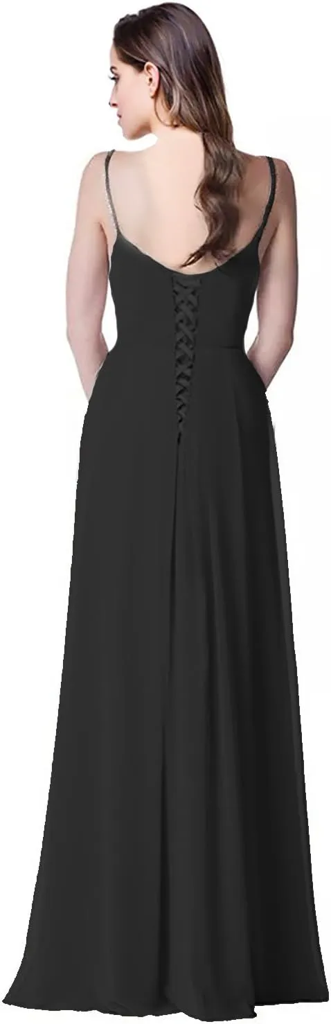 2018 A Line Spaghetti Strap Chiffon Bridesmaid Dress Split with Pocket Formal Gown