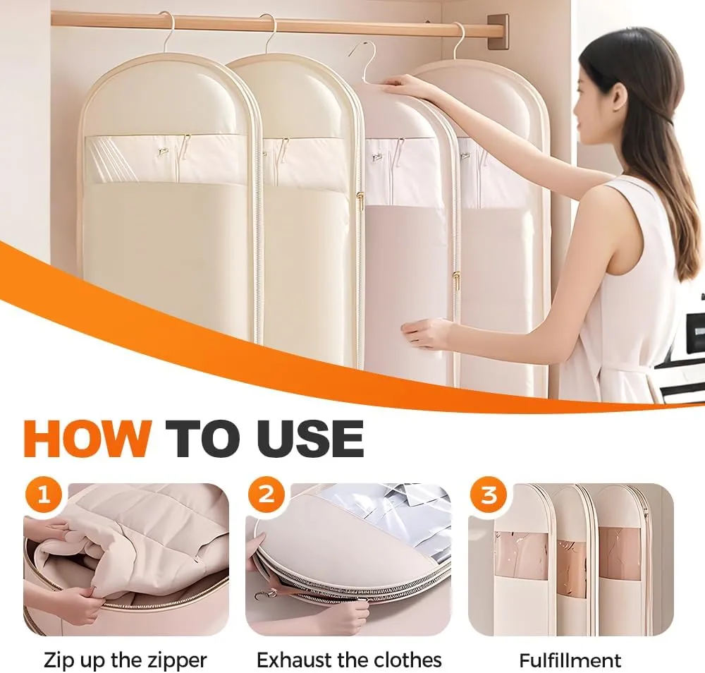 2025 Space Saving Hanging Garment Bag with Self Compression Zipper, Dust Cover Clothes Bags for Down Coat, Heavy Duty Closet Organizer Garment Bags for Closet Storage (Transparent, Small)