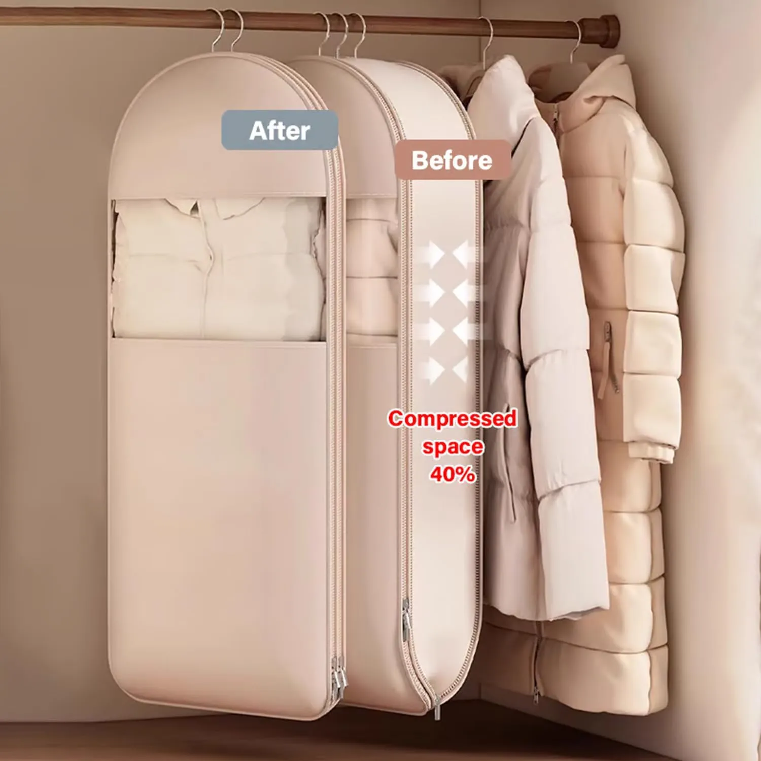 2025 Space Saving Hanging Garment Bag With Self Compression Zipper, Hanging Vacuum Bags, Coat Space Saver Storage Bags, Coat Space Saver Storage Bags, Closet Organizers And Storage (Beige, Large)