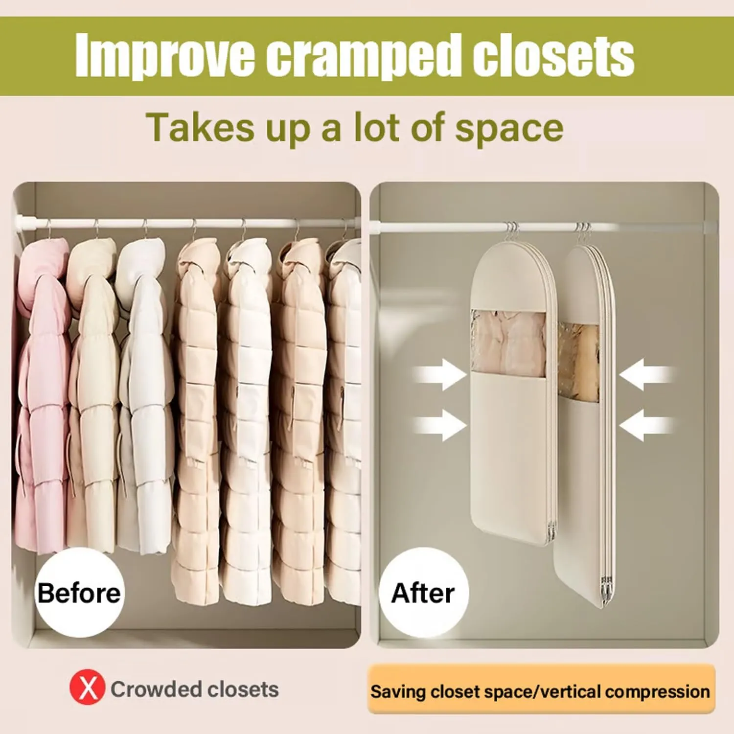 2025 Space Saving Hanging Garment Bag With Self Compression Zipper, Hanging Vacuum Bags, Coat Space Saver Storage Bags, Coat Space Saver Storage Bags, Closet Organizers And Storage (Beige, Large)