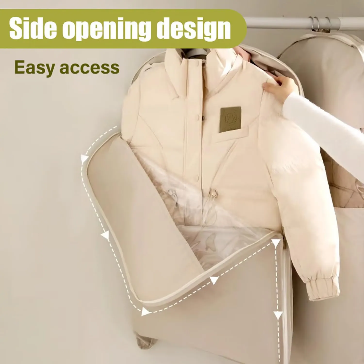 2025 Space Saving Hanging Garment Bag With Self Compression Zipper, Hanging Vacuum Bags, Coat Space Saver Storage Bags, Coat Space Saver Storage Bags, Closet Organizers And Storage (Beige, Large)