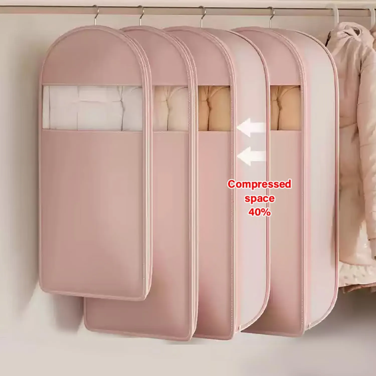 2025 Space Saving Hanging Garment Bag With Self Compression Zipper, Hanging Vacuum Bags, Coat Space Saver Storage Bags, Coat Space Saver Storage Bags, Closet Organizers And Storage (Beige, Large)