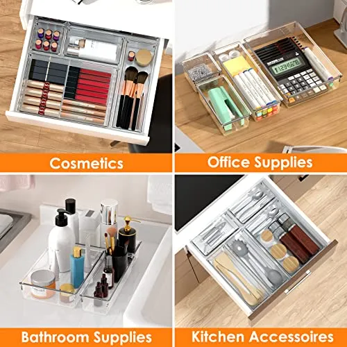 25PCS Extra Sturdy Clear Plastic Drawer Organizer Trays with 100pcs Non-Slip Pads, 4 Sizes Desk Drawer Divider Organizers and Storage Bins for Makeup, Bathroom, Office, Kitchen, Bedroom, Jewelry