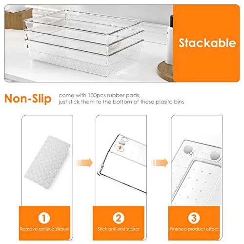 25PCS Extra Sturdy Clear Plastic Drawer Organizer Trays with 100pcs Non-Slip Pads, 4 Sizes Desk Drawer Divider Organizers and Storage Bins for Makeup, Bathroom, Office, Kitchen, Bedroom, Jewelry