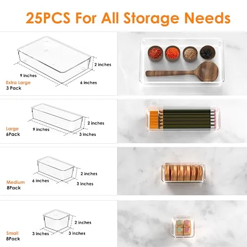 25PCS Extra Sturdy Clear Plastic Drawer Organizer Trays with 100pcs Non-Slip Pads, 4 Sizes Desk Drawer Divider Organizers and Storage Bins for Makeup, Bathroom, Office, Kitchen, Bedroom, Jewelry