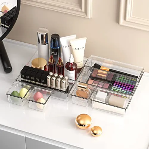 25PCS Extra Sturdy Clear Plastic Drawer Organizer Trays with 100pcs Non-Slip Pads, 4 Sizes Desk Drawer Divider Organizers and Storage Bins for Makeup, Bathroom, Office, Kitchen, Bedroom, Jewelry