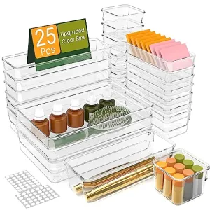 25PCS Extra Sturdy Clear Plastic Drawer Organizer Trays with 100pcs Non-Slip Pads, 4 Sizes Desk Drawer Divider Organizers and Storage Bins for Makeup, Bathroom, Office, Kitchen, Bedroom, Jewelry