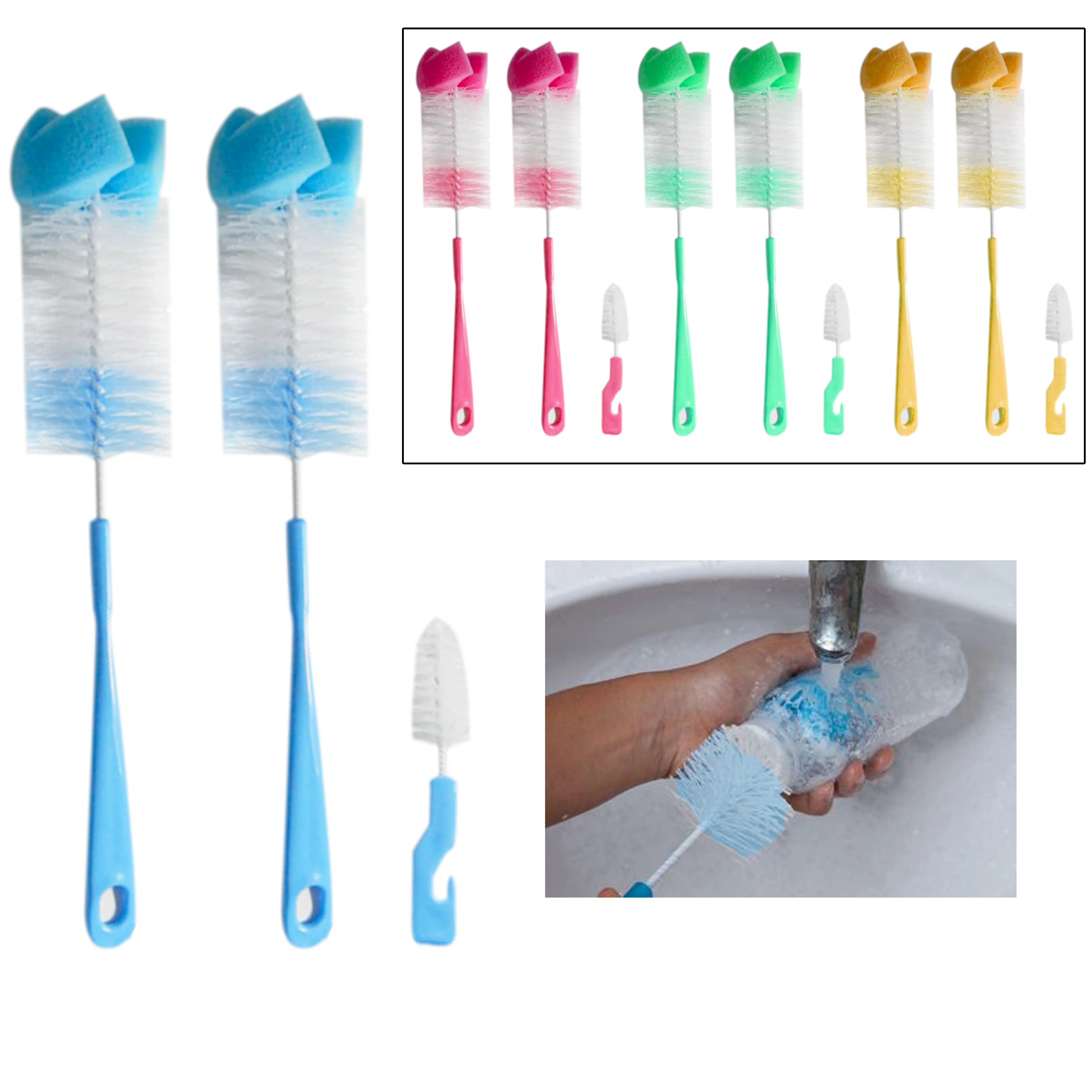 3 Pc Baby Feeding Bottle Brush Bristle Nipple Cleaning Wash Cup Sponge Scrubbing