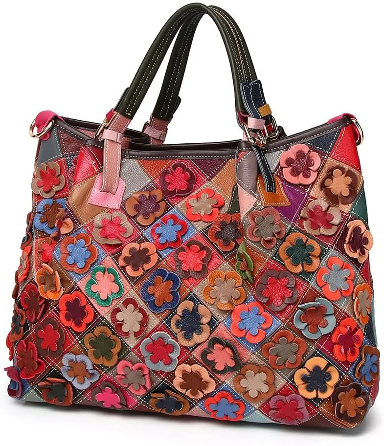 3D Multi-color Flowers Tote for Women Genuine Leather Top-handle Purse Random Spliced Shoulder Satchel Handbag