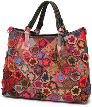 3D Multi-color Flowers Tote for Women Genuine Leather Top-handle Purse Random Spliced Shoulder Satchel Handbag