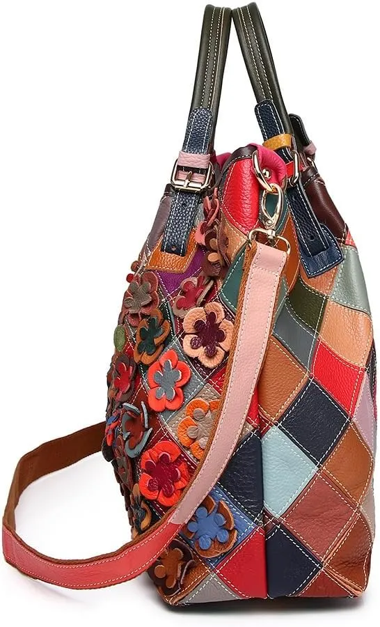 3D Multi-color Flowers Tote for Women Genuine Leather Top-handle Purse Random Spliced Shoulder Satchel Handbag
