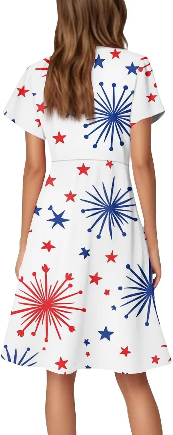 4Th of July Summer Midi Dress Women V Neck Short Sleeve A Line Red White and Blue Dress Patriotic American Flag Outfits