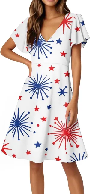 4Th of July Summer Midi Dress Women V Neck Short Sleeve A Line Red White and Blue Dress Patriotic American Flag Outfits