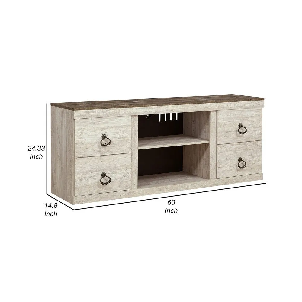 60 Inch Rustic TV Media Entertainment Console, Round Handles, Wood, White By Casagear Home