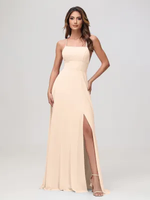 A-Line Square Chiffon Dress With Slit Peach