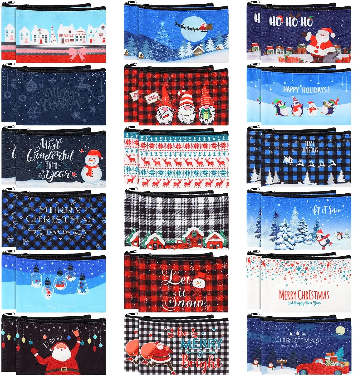 Abbylike 36 Pcs Christmas Makeup Bags Bulk Gifts Plaid Cosmetics Santa Gnomes Elk Snowman Xmas Purse Double Sided Goodie Bags for Women Travel Holiday Present,18 Styles