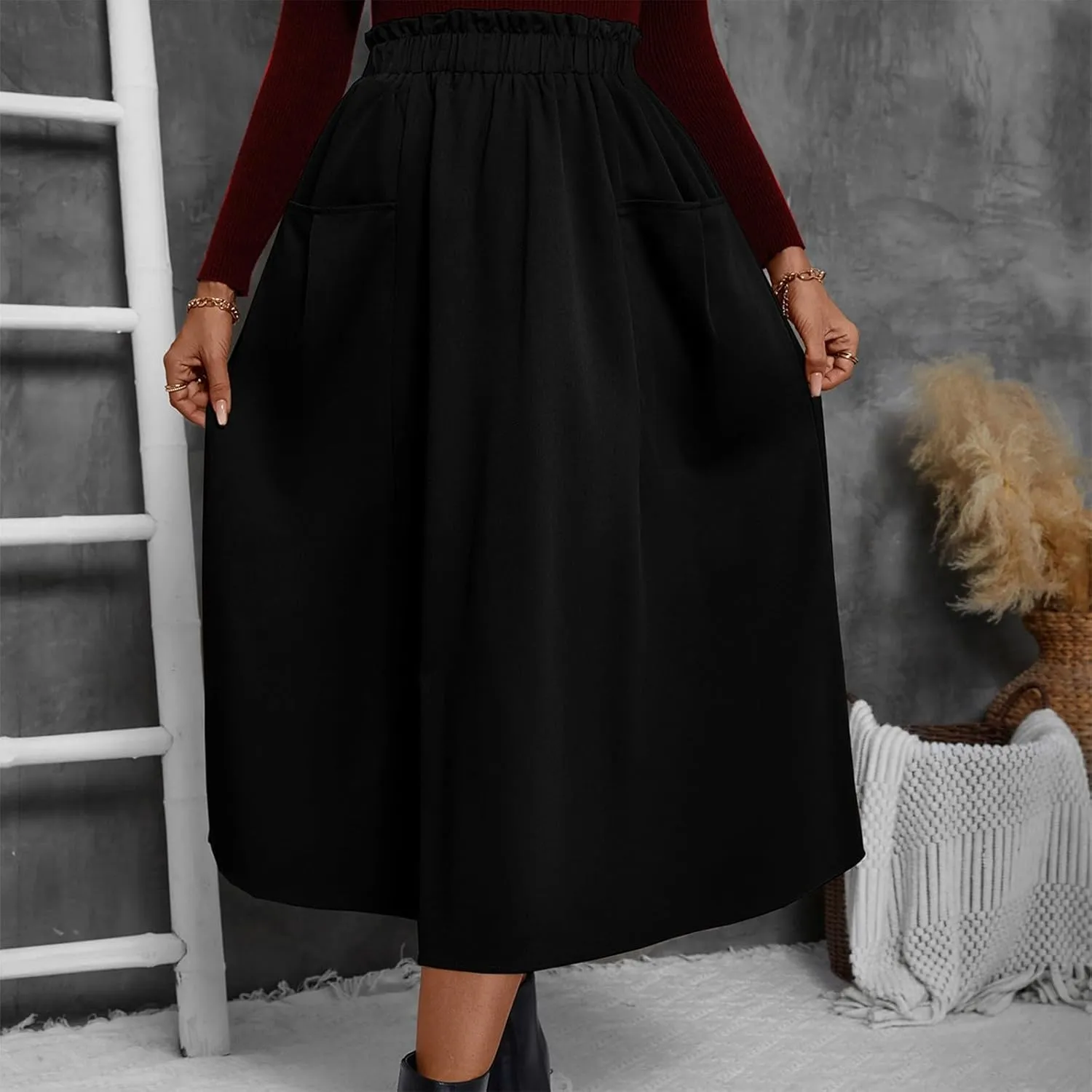 ADHOWBEW Boho Skirts for Women Casual Elastic Waist Flowy High Waist Cotton Smocked Bohemian Sexy Trendy Skirts