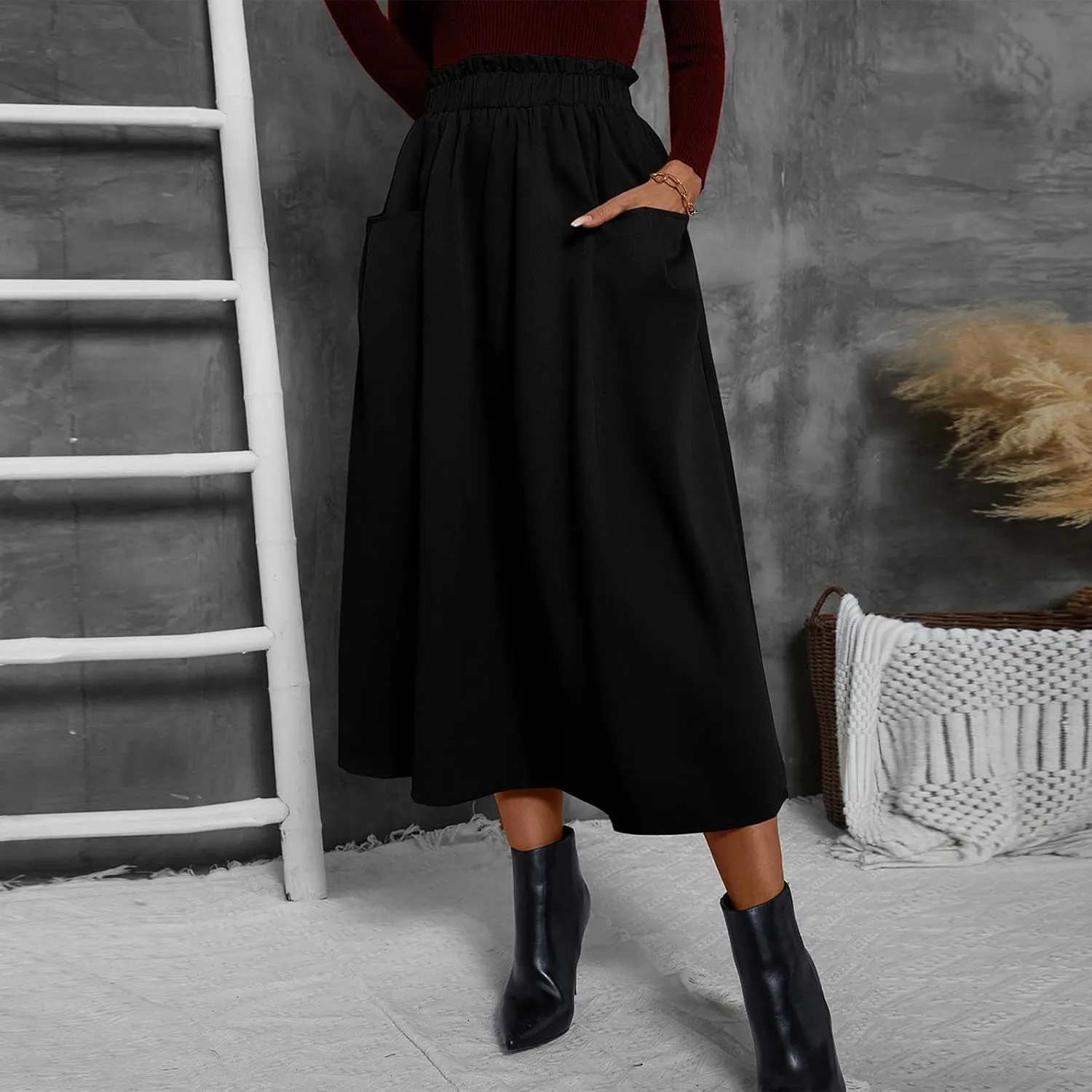 ADHOWBEW Boho Skirts for Women Casual Elastic Waist Flowy High Waist Cotton Smocked Bohemian Sexy Trendy Skirts