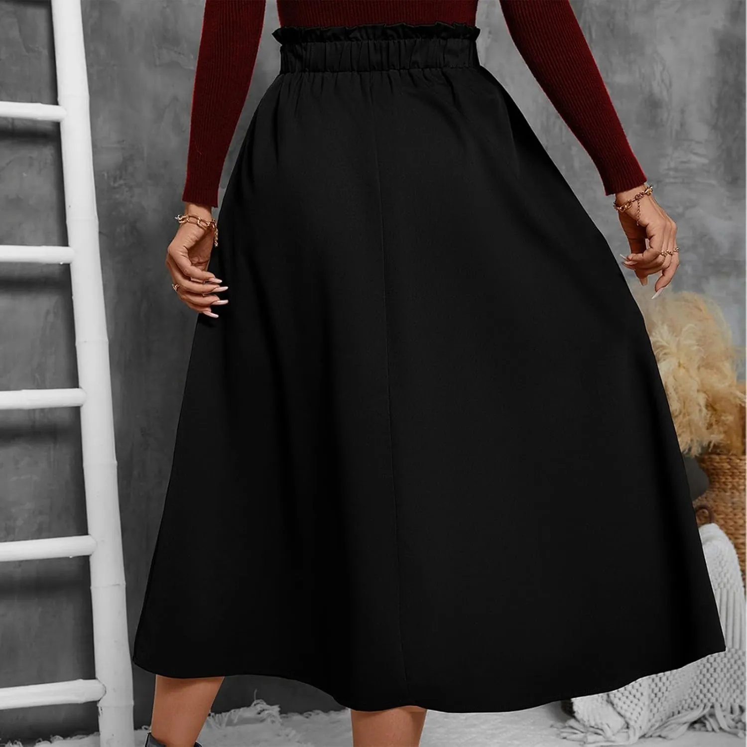 ADHOWBEW Boho Skirts for Women Casual Elastic Waist Flowy High Waist Cotton Smocked Bohemian Sexy Trendy Skirts