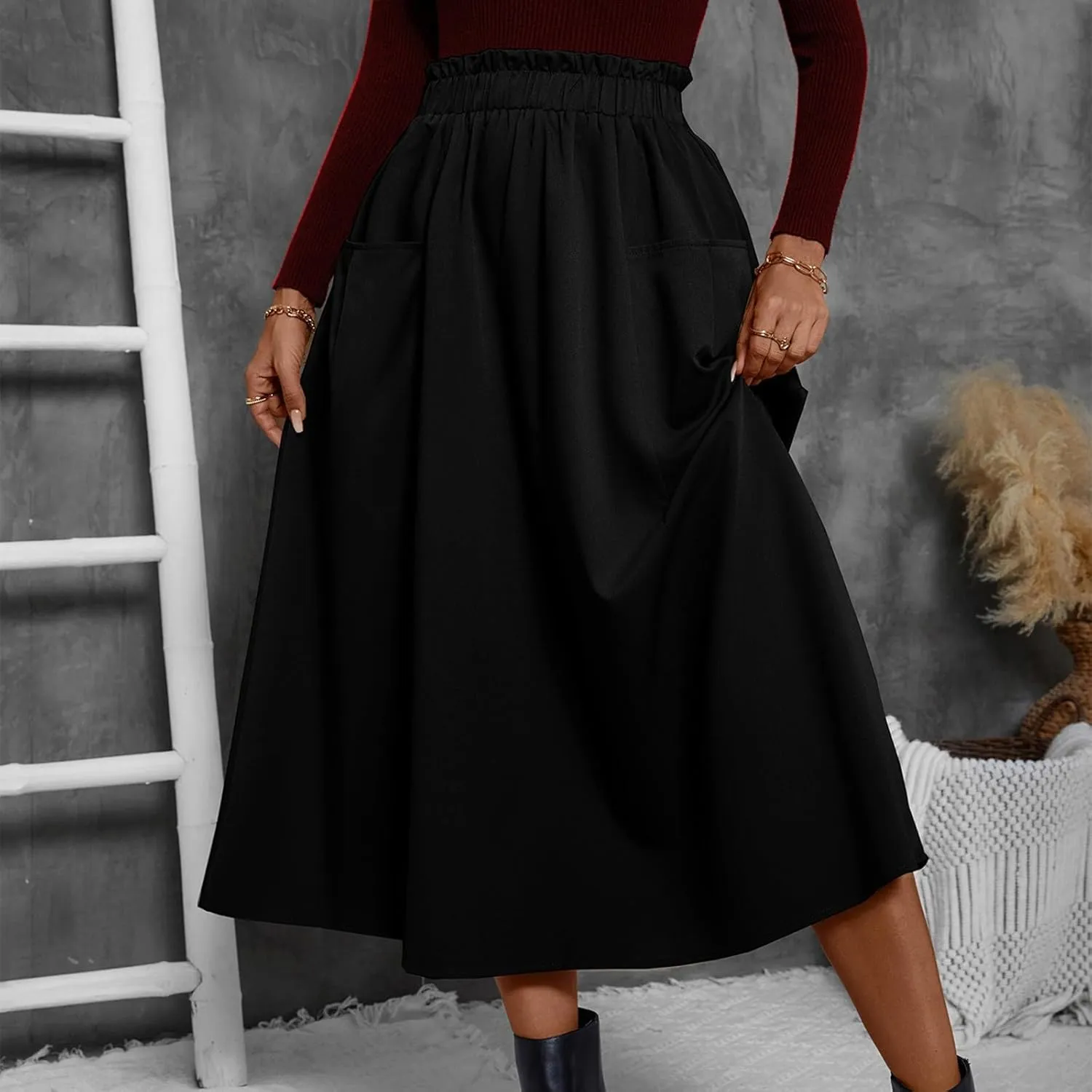 ADHOWBEW Boho Skirts for Women Casual Elastic Waist Flowy High Waist Cotton Smocked Bohemian Sexy Trendy Skirts
