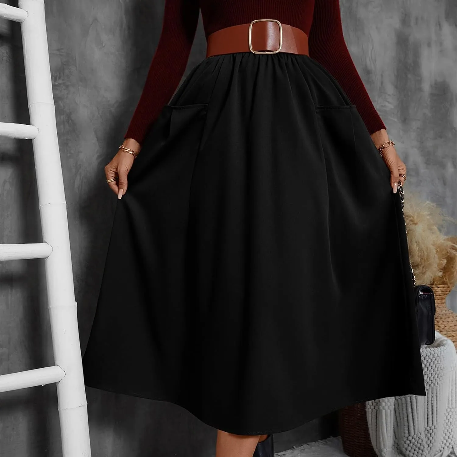 ADHOWBEW Boho Skirts for Women Casual Elastic Waist Flowy High Waist Cotton Smocked Bohemian Sexy Trendy Skirts