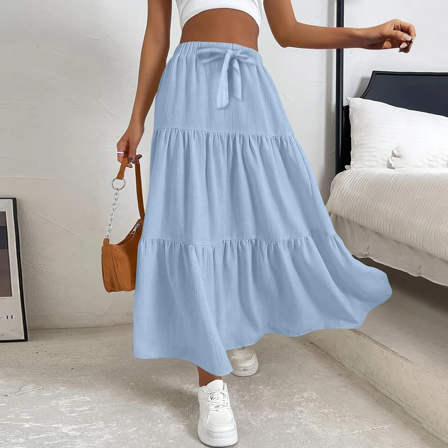 ADHOWBEW Skirts for Women Midi Length Sexy Trendy Flowy Casual Cotton Smocked Bohemian High Waist Skirts