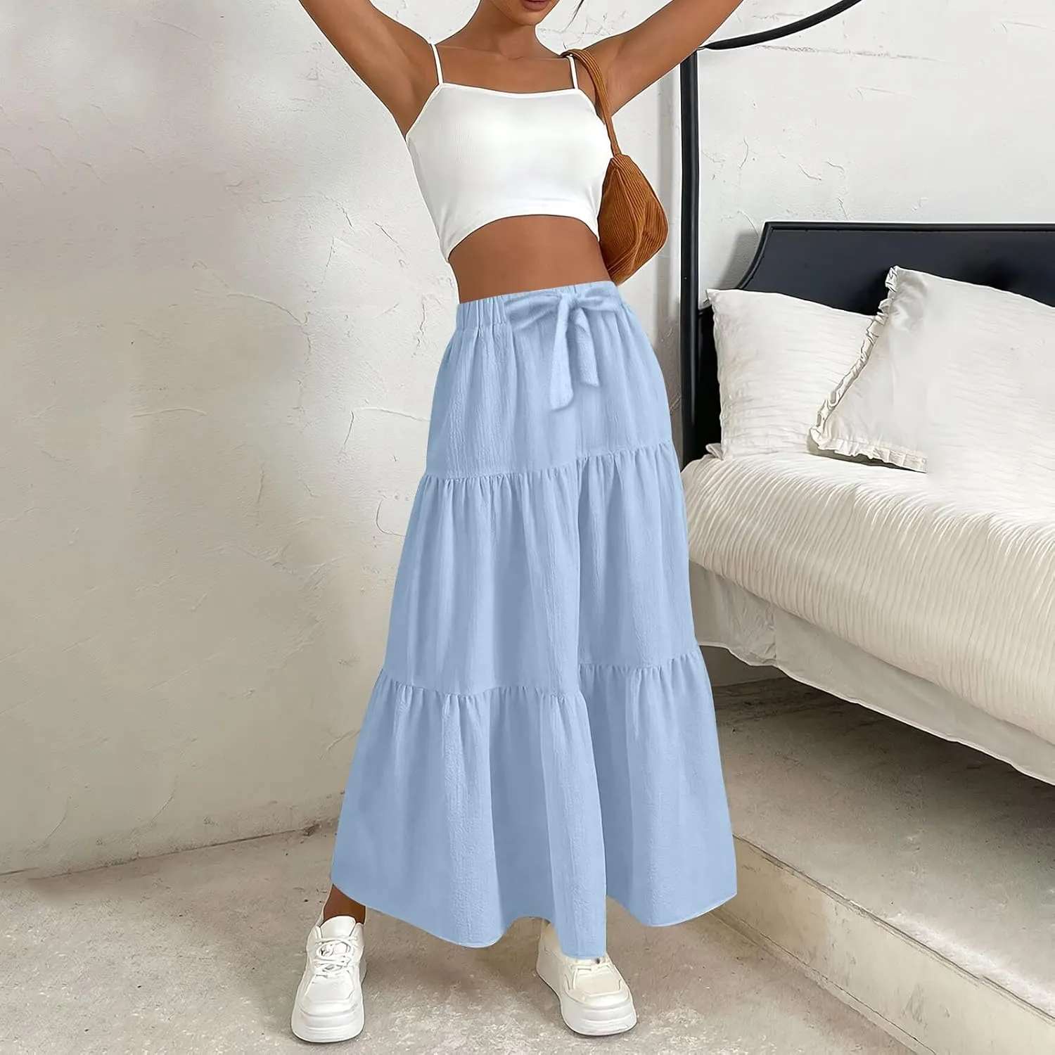 ADHOWBEW Skirts for Women Midi Length Sexy Trendy Flowy Casual Cotton Smocked Bohemian High Waist Skirts