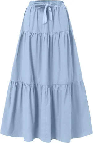 ADHOWBEW Skirts for Women Midi Length Sexy Trendy Flowy Casual Cotton Smocked Bohemian High Waist Skirts