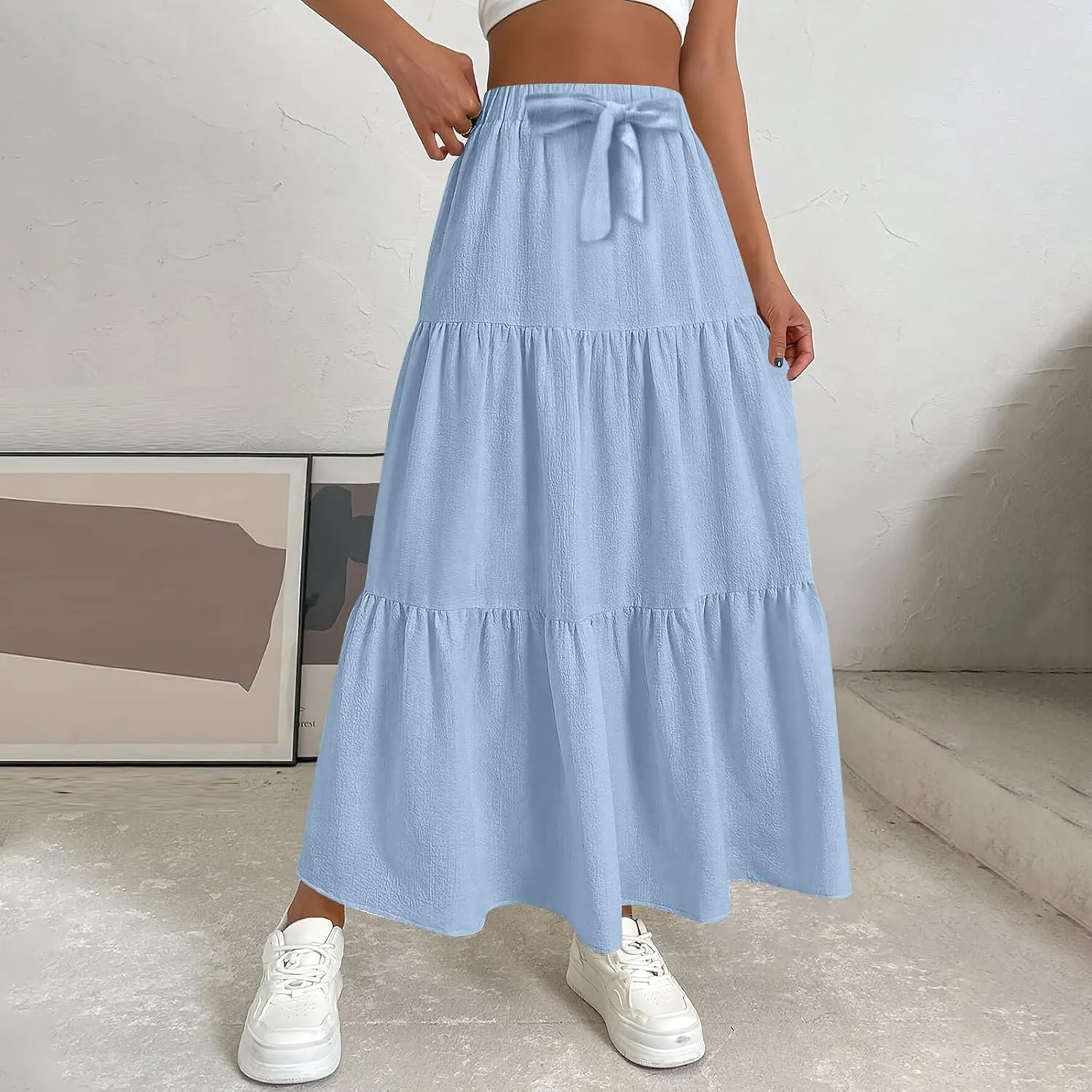 ADHOWBEW Skirts for Women Midi Length Sexy Trendy Flowy Casual Cotton Smocked Bohemian High Waist Skirts