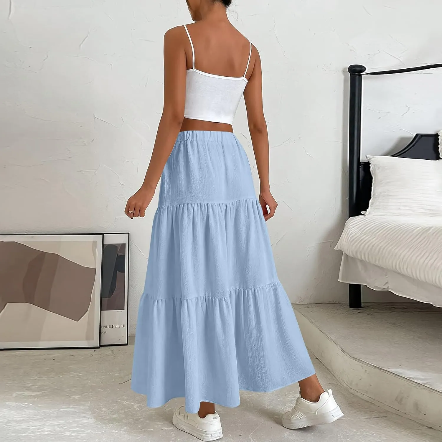 ADHOWBEW Skirts for Women Midi Length Sexy Trendy Flowy Casual Cotton Smocked Bohemian High Waist Skirts