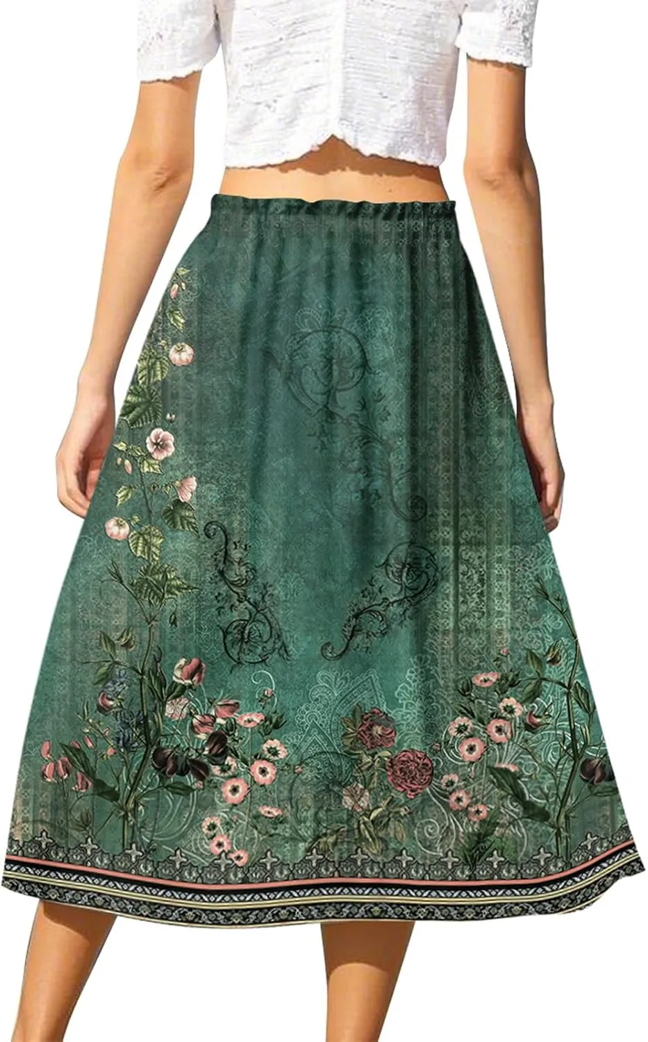 ADHOWBEW Womens Floral Maxi Skirt Summer Casual Smocked Sexy Elastic Waist Trendy Cotton Flowy Skirts