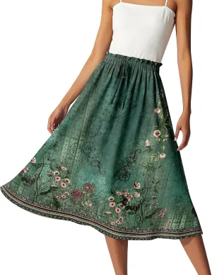ADHOWBEW Womens Floral Maxi Skirt Summer Casual Smocked Sexy Elastic Waist Trendy Cotton Flowy Skirts