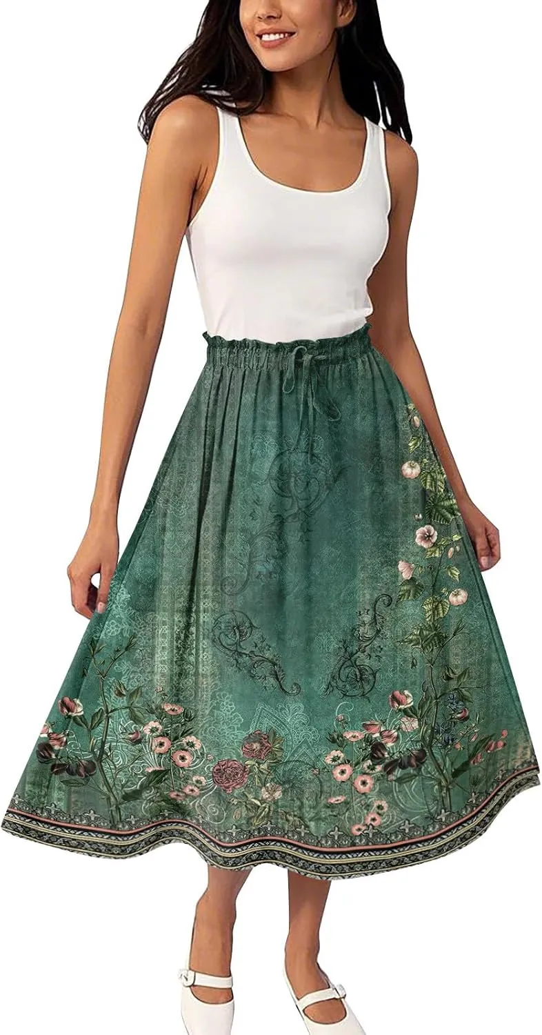 ADHOWBEW Womens Floral Maxi Skirt Summer Casual Smocked Sexy Elastic Waist Trendy Cotton Flowy Skirts