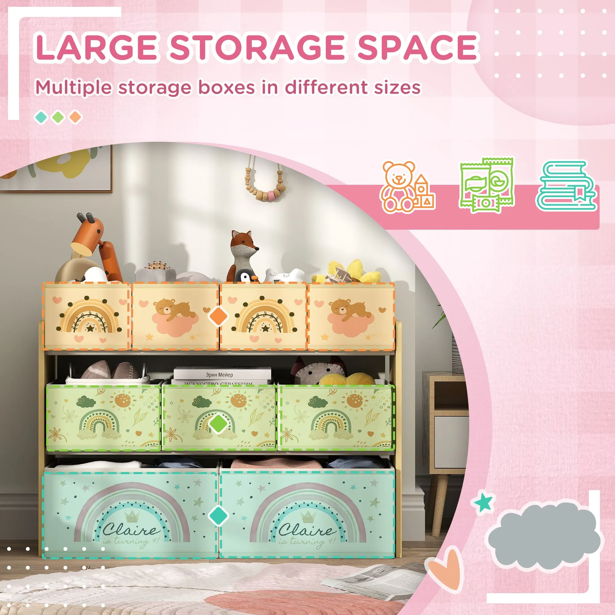 AIYAPLAY 3-Tier Toy Organiser Shelf with 9 Storage Boxes for Bedroom Yellow