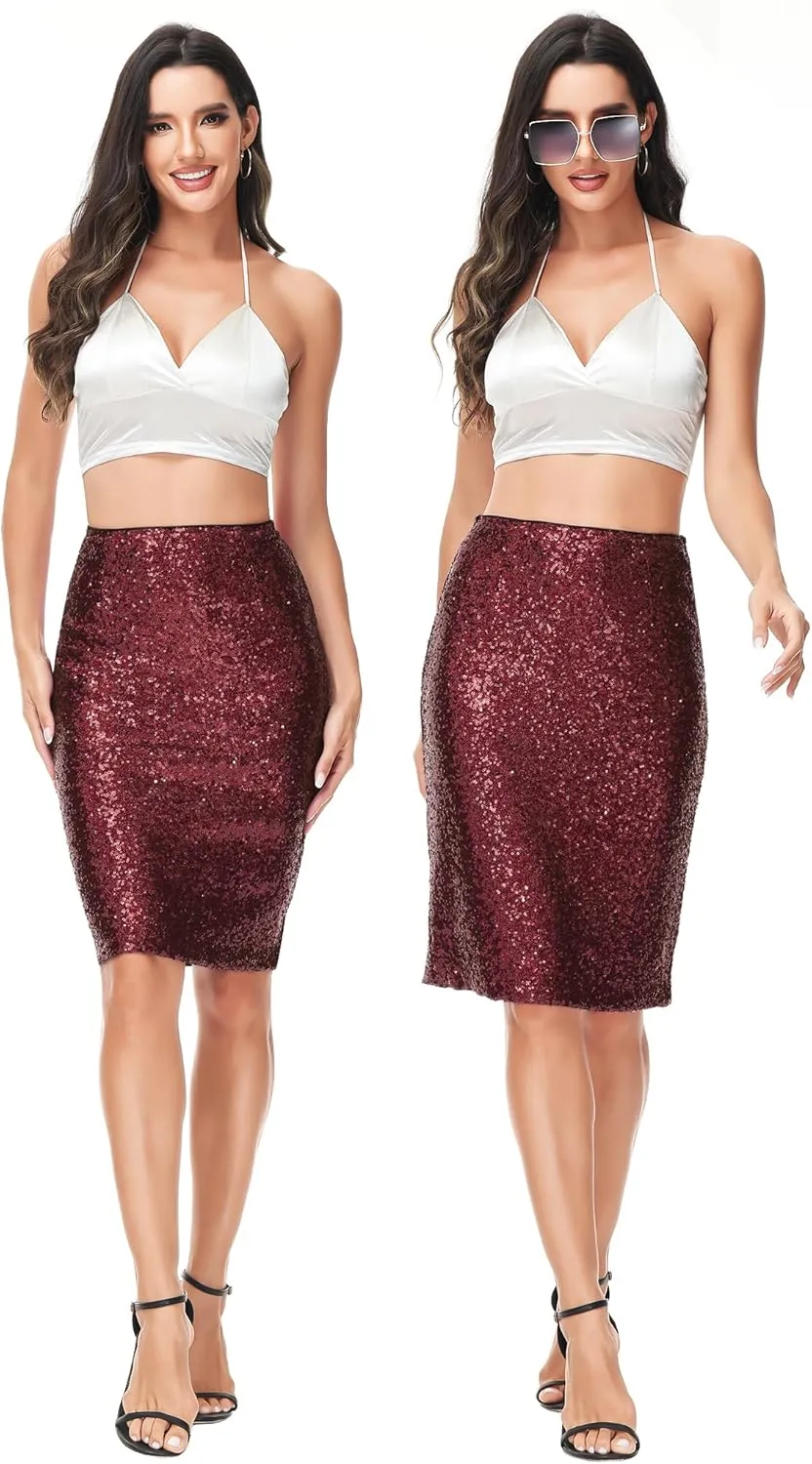 Anna-Kaci Women's High Waist Sparkly Sequins Midi Skirt Pencil Cocktail Party Skirt