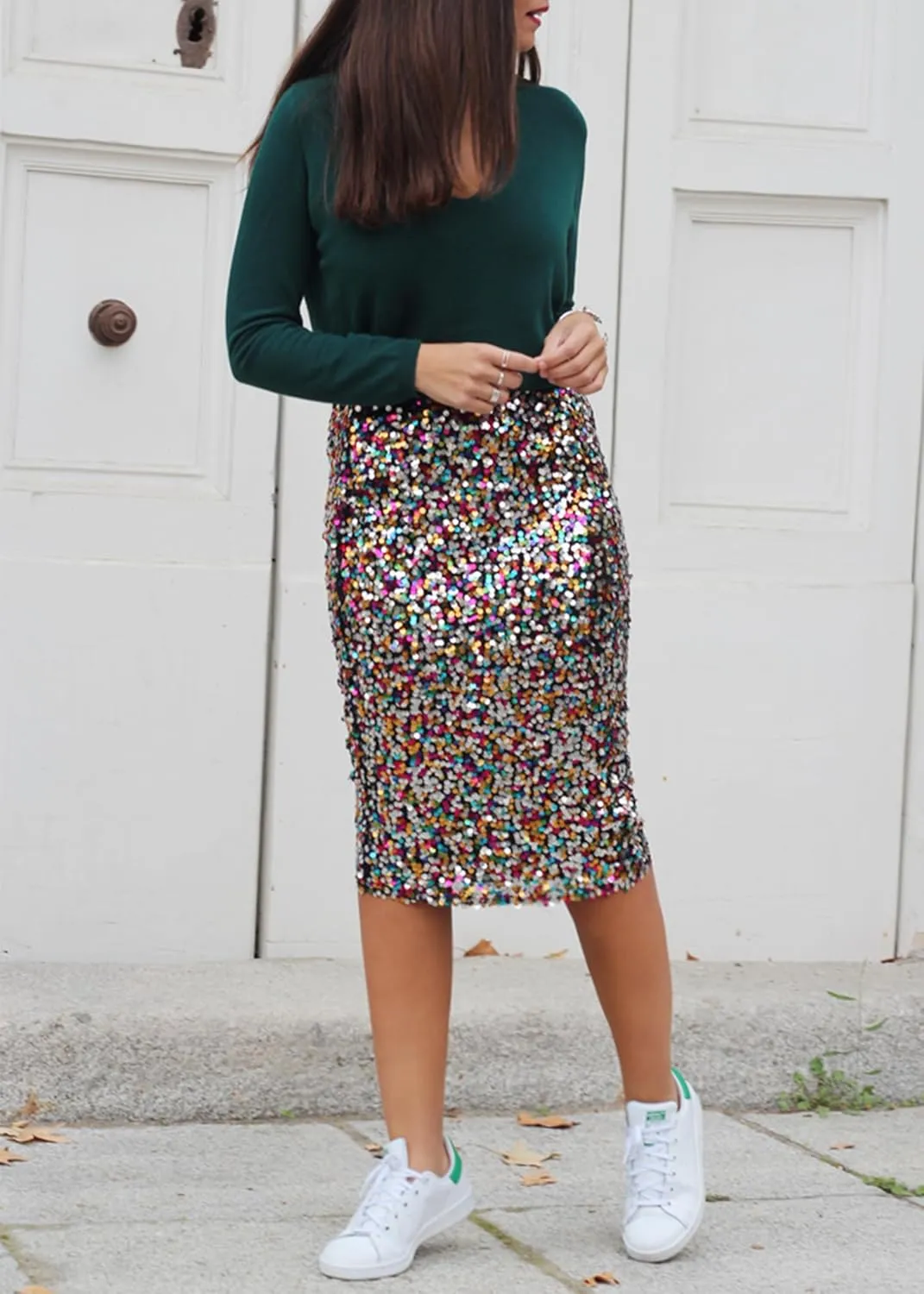 Anna-Kaci Women's High Waist Sparkly Sequins Midi Skirt Pencil Cocktail Party Skirt