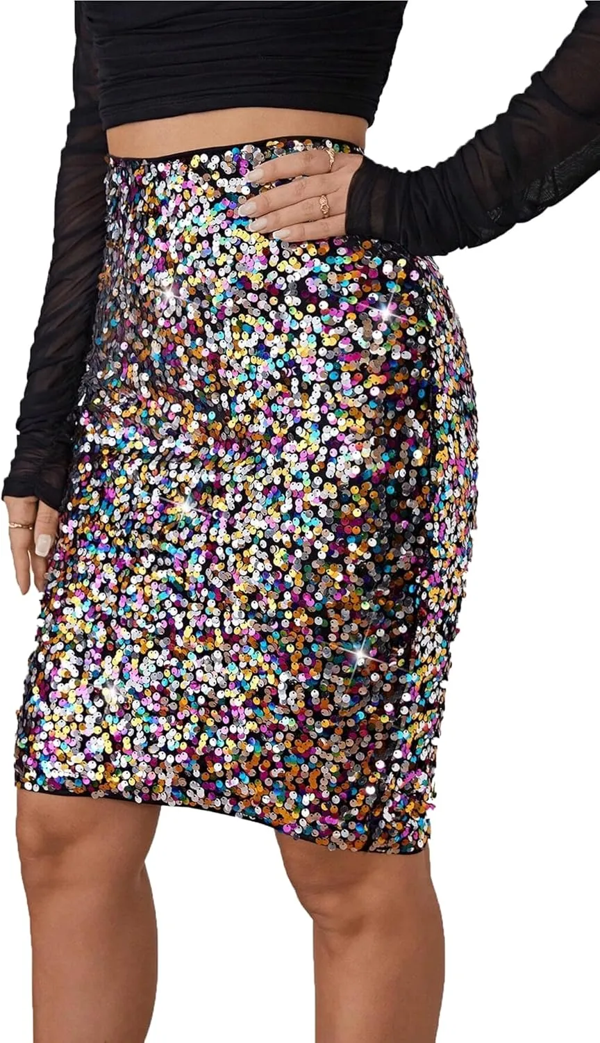 Anna-Kaci Women's High Waist Sparkly Sequins Midi Skirt Pencil Cocktail Party Skirt
