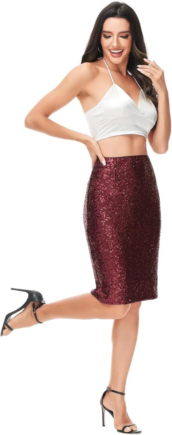 Anna-Kaci Women's High Waist Sparkly Sequins Midi Skirt Pencil Cocktail Party Skirt